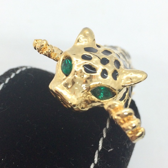 VINTAGE 80s JAGUAR CAT SPOTS GOLD TONE GREEN RHINESTONE ARTICULATED BROOCH PIN - Picture 8 of 12